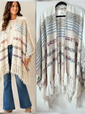 ANTHROPOLOGIE Ivory Boucle Striped Fringe BOHO Cape Poncho Ruana Womens One Size